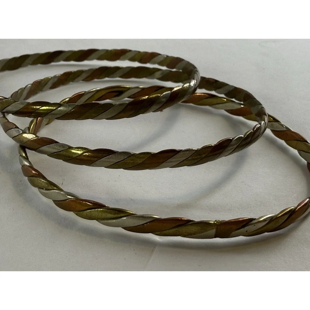 Vintage Twisted Bangle Bracelet Set 3 Brass Copper Mixed Metal Braided Stacking